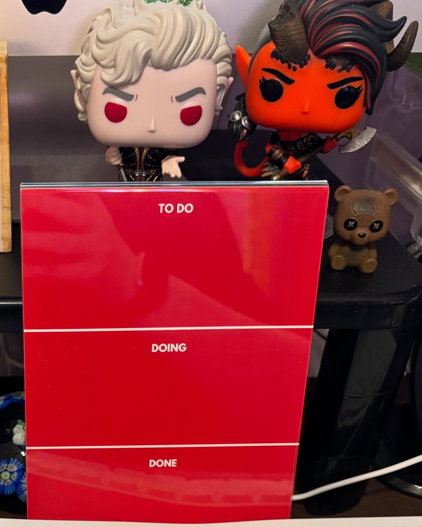 HeartieCon had mini Kanban boards that we used for the workshop, and I put mine on my desk to use for my GYST list items. I love how Astarion looks like he’s going to stab me as “motivation”, but Mama K and Clive have my back.