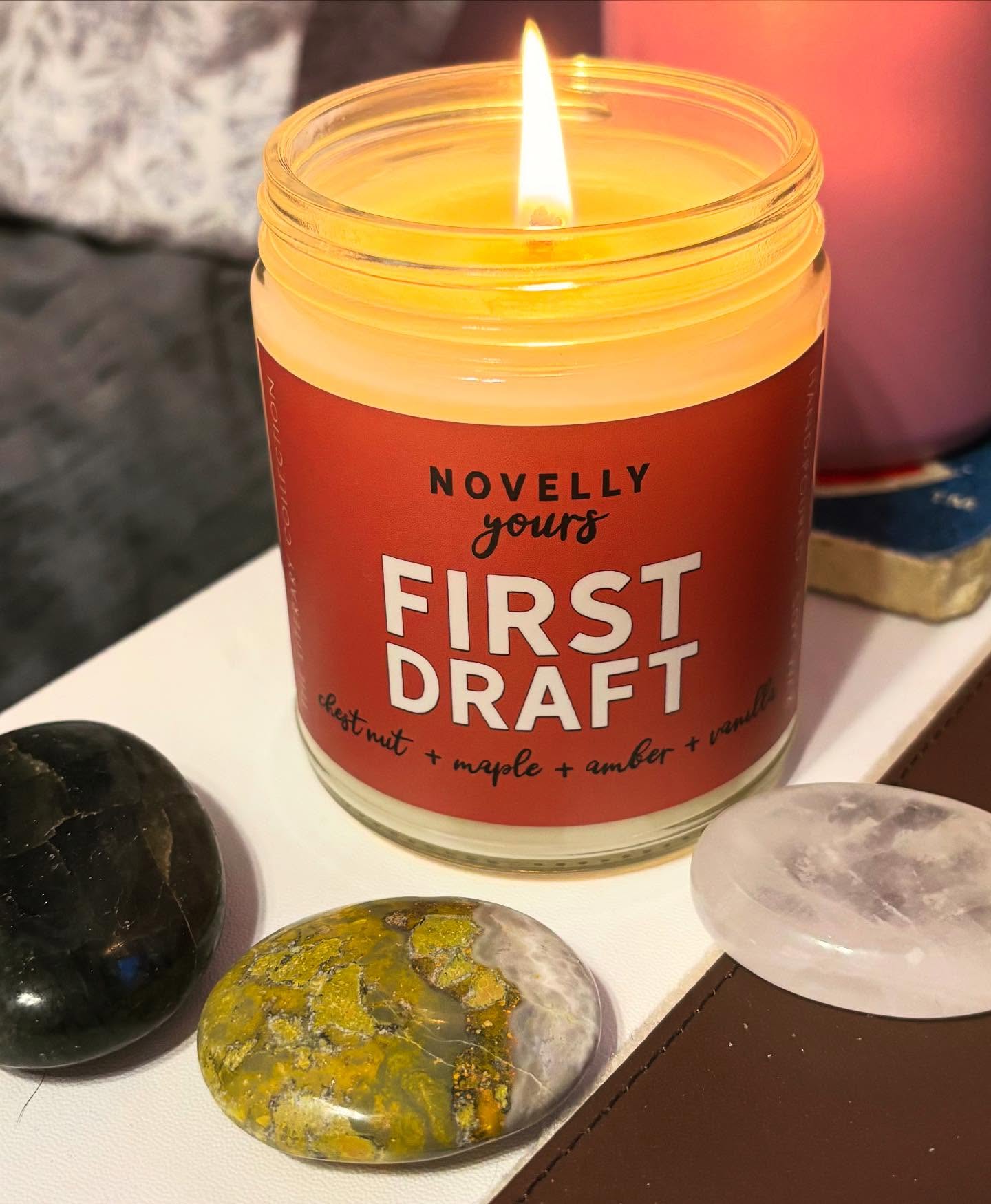 Time to write some words! I picked up this candle and the labradorite and bumblebee jasper while shopping on Indie Bookstore day.